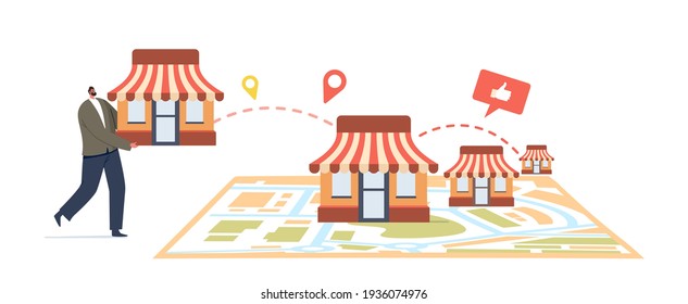 Franchise Business Concept. Tiny Male Character Put Kiosk on Huge Map. Businessman Start Small Enterprise Expansion or Company with Home Office, Corporate Headquarter. Cartoon Vector Illustration
