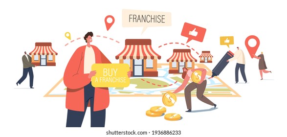 Franchise Business Concept. Tiny Male and Female Characters Put Kiosks on Huge Map. People Start Small Enterprise, Company or Shops with Home Office, Corporate Headquarter. Cartoon Vector Illustration