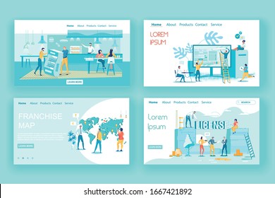 Franchise Business Development Landing Page Set. Mutually Beneficial Cooperation. Effective Marketing System. Franchising, Map, License, Brand Advertising and Promotion. Vector Illustration