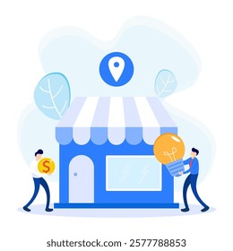 Franchise business flat style vector illustration. Entrepreneurs work together to build businesses, shops, markets and merchandise