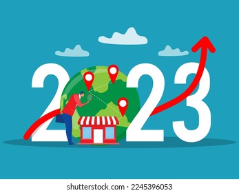 Franchise business growth 2023 year concept businessman holding magnifying glass for investment with small business or franchise branch expansion strategy vector