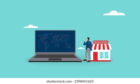 franchise business illustration with the concept of a businessman who is currently determining the location of his franchise, franchise management