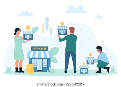 Franchise business management, development and branch expansion vector illustration. Cartoon people holding small models of store or restaurant houses, expand network of corporate enterprises