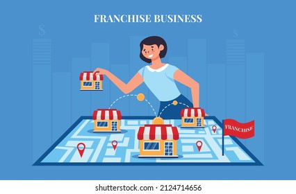 Franchise business map composition with female character moving shops on map with location signs and text vector illustration