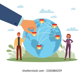 Franchise business model. Cooperation licensing of trademarks, world map with shop buildings, products distribution, marketing system, growth brand chain, vector cartoon flat concept