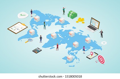 franchise business with multiple store and people with money and finance calculation with world map and isometric modern flat style - vector