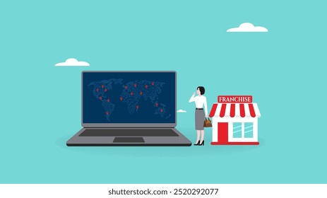 franchise business placement, Choosing a Franchise Location for Best Possible Success, franchise business strategy, businesswoman plotting franchise location on world map on laptop