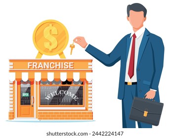 Franchise business for sale. Franchising shop building or commercial property. Real estate business promotional, sme startup crowdfunding. Selling buying new business. Flat vector illustration