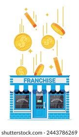 Franchise business for sale. Franchising shop building or commercial property. Real estate business promotional, sme startup crowdfunding. Selling buying new business. Flat vector illustration