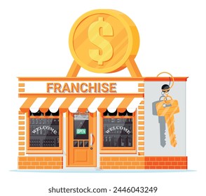 Franchise business for sale. Franchising shop building or commercial property. Real estate business promotional, sme startup crowdfunding. Selling buying new business. Flat vector illustration