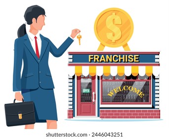 Franchise business for sale. Franchising shop building or commercial property. Real estate business promotional, sme startup crowdfunding. Selling buying new business. Flat vector illustration