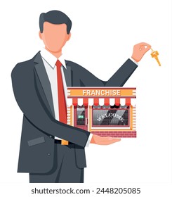 Franchise business for sale. Franchising shop building or commercial property. Real estate business promotional, sme startup crowdfunding. Selling buying new business. Flat vector illustration