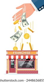 Franchise business for sale. Franchising shop building or commercial property. Real estate business promotional, sme startup crowdfunding. Selling buying new business. Flat vector illustration