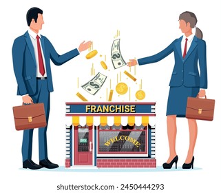 Franchise business for sale. Franchising shop building or commercial property. Real estate business promotional, sme startup crowdfunding. Selling buying new business. Flat vector illustration