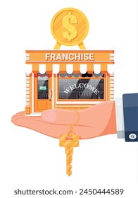 Franchise business for sale. Franchising shop building or commercial property. Real estate business promotional, sme startup crowdfunding. Selling buying new business. Flat vector illustration