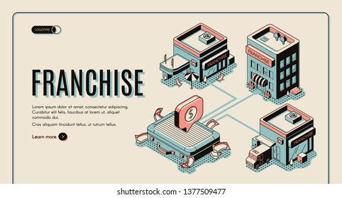 Franchise business start isometric banner on retro colored background. Small enterprise, company, shop or service with home office 