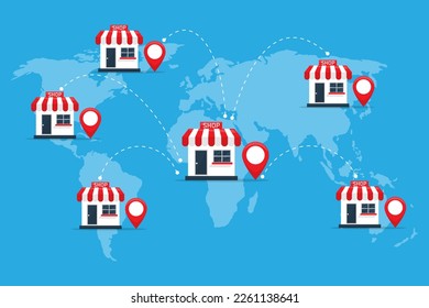 franchise business store shop in the world. investment expand with location world map. open new branch shop. vector illustration flat design.