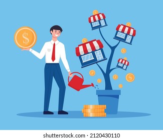 Franchise business tree square composition with character of male businessman watering money tree with coins storefronts vector illustration