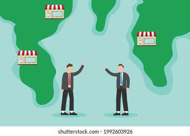 Franchise business vector concept: Two young businessmen standing together on the map with their franchise business