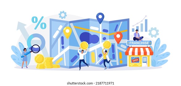 Franchise. Businessman Put Store Location Point on Map. People Start Franchising Enterprise. Business Expansion. Assets Management, Globalization. Market leadership. Successful Shop Branch Opening