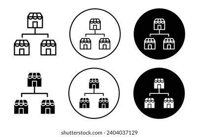 Franchise chain icon. Food business store hierarchy model structure to expand company reach to retail storefront in different location symbol set. brand subsidiary shop franchise branch vector sign 