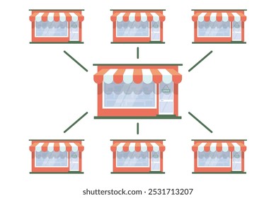 Franchise-Commerce-Shop-Geschäft Symbol Vektor flache Cartoon Grafik Konzept Illustration, Marktplatz Geschäft Expansion Modell, Multi-Vendor E-Commerce Branchen Strategie Tech-Bild ClipArt