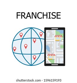 Franchise concept, business model, technology use, franchisor brand. Smartphone with detailed city map and retail outlets. World globe with geolocation points. Vector illustration isolated on a white.