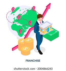 Franchise concept. Global business around the world. Vector illustration in isometric style on white background 