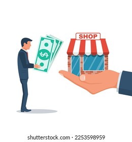 Franchise concept. Investor buys the store by agreement. Money in exchange for property rights. Purchase of an idea and license. Profitable franchise business. Vector illustration flat design.