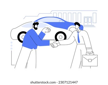 Franchise dealership abstract concept vector illustration. Auto seller with client who buys new car from manufacturers, franchise dealership, distributorship company abstract metaphor.