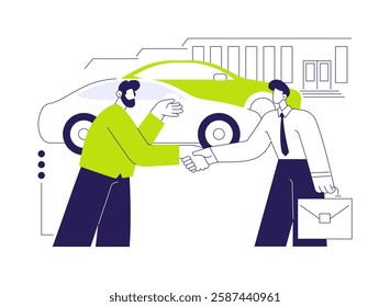 Franchise dealership abstract concept vector illustration. Auto seller with client who buys new car from manufacturers, franchise dealership, distributorship company abstract metaphor.