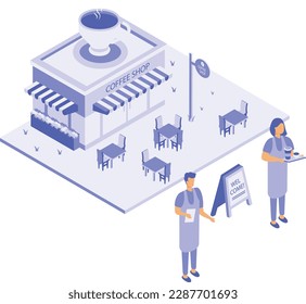 Franchise Distribution, Cafe Chain opening new outlet isometric concept, hospitality worker or Concierge vector icon design, Financial Partnership sign Buy Operating Commercial Deal stock illustration