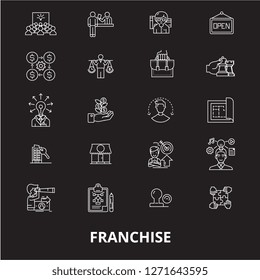 Franchise editable line icons vector set on black background. Franchise white outline illustrations, signs, symbols