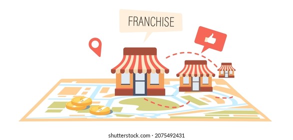 Franchise, Expanding Sme Business Model Concept. Growth Brand Chain Store, Franchising System With Shop Buildings Stand on Map with Golden Coins, Corporate Headquarter. Cartoon Vector Illustration