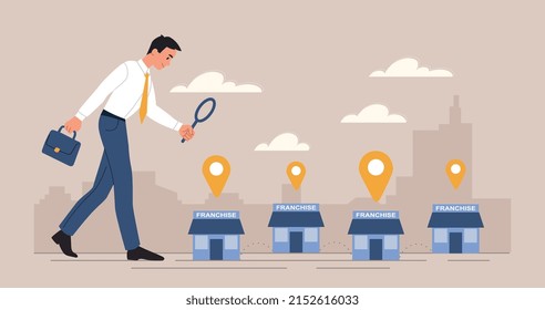 Franchise Expansion Concept. Man With Magnifying Glass Analyzes Small Shops, Expansion Of Company Or Organization. Globalization And International Trade Metaphor. Cartoon Flat Vector Illustration