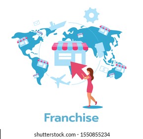 Franchise flat vector illustration. Distribution of products and services. Manufacturer, distributor, retailer. Business model. Chain store. Isolated cartoon character on white background