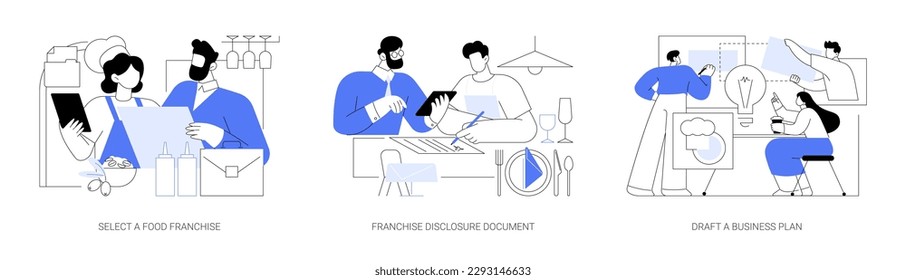 Franchise in food business abstract concept vector illustration set. Select a food franchise and sign disclosure document, draft a business plan, new restaurant opening strategy abstract metaphor.