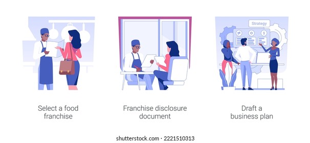 Franchise in food business isolated concept vector illustration set. Select a food franchise and sign disclosure document, draft a business plan, new restaurant opening strategy vector cartoon.