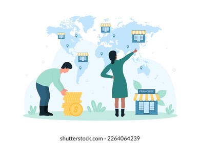 Franquicia, ilustración vector de expansión de negocios global. Caricatura de personas pequeñas con monedas de dinero para expandir la empresa, planificar la inversión en sucursales de marcas y nuevas empresas de franquicia en el mapa mundial