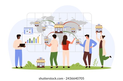 Franchise, global expansion development of corporate company around world. Tiny people place new branch, small models of retail stores or restaurants in network on map cartoon vector illustration