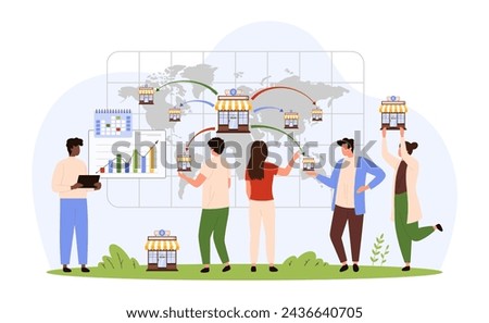 Franchise, global expansion development of corporate company around world. Tiny people place new branch, small models of retail stores or restaurants in network on map cartoon vector illustration