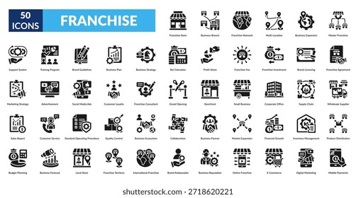Franchise Glyph Icon Set. Store, Business Branch, Network, Multi Location, Business Expansion, Master , Agreement