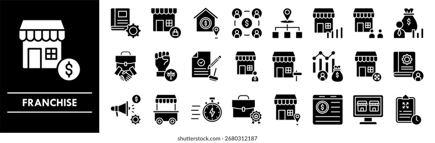 Conjunto de colección de icono de franquicia. Que contiene el negocio del diseño, comercialización, franquicia, venta al por menor, comercio, tienda