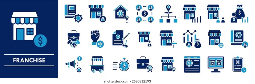 Conjunto de colección de icono de franquicia. Que contiene el negocio del diseño, comercialización, franquicia, venta al por menor, comercio, tienda