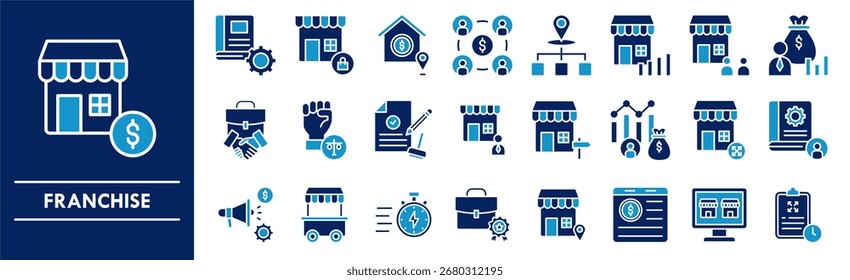 Franchise icon collection set. Containing design business, marketing, franchise, retail, commerce, store