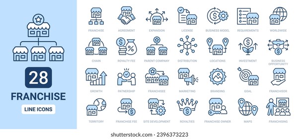 Franchise icon set. Containing franchisee, expansion, license, franchisor, royalties, chain, shop, business model and more. Line vector icons outline collection.