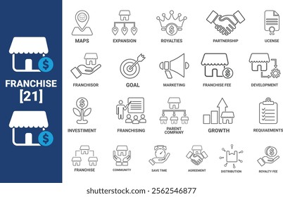 Franchise icon set. Containing franchisee, license, royalties, chain, expansion, shop, business model, franchisor and more. Solid vector icons collection.