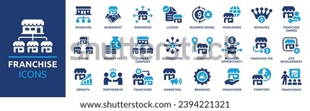 Franchise icon set. Containing franchisee, license, royalties, chain, expansion, shop, business model, franchisor and more. Solid vector icons collection.