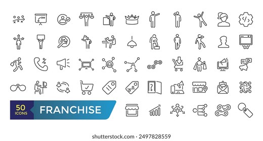 Franchise icon set. Franchisee, license, royalties, chain, shop, business model Icon. Collection and pack of linear web and ui icons. Editable stroke. Vector illustration.