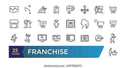 Franchise-Symbolsatz. Franchisenehmer, Lizenz, Lizenzgebühren, Kette, Shop, Geschäftsmodell Symbol. Sammlung und Paket von linearen Web- und Ui-Icons. Bearbeitbarer Strich. Vektorgrafik.